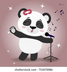 Illustration of a cute panda singer with a red bow, stands and sings into a microphone in a cartoon style. Vector illustration, a flat design.