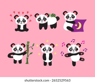 Illustration of cute panda stickers on a pink background.