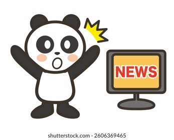 Illustration of a cute panda surprised by watching the TV news