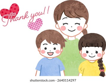 Illustration of cute parents and children standing side by side smiling