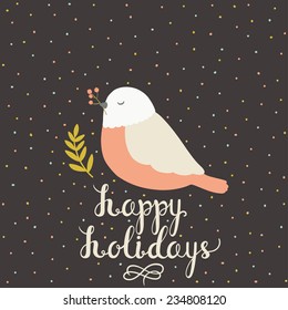 illustration of cute pastel bird with holidays greetings on dark polka dots background