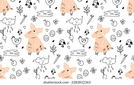 Illustration, süßes Muster mit einem Schwein. Kindergrafik, Textilien, Vektorgrafik