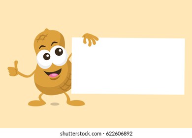 Illustration of cute peanut mascot with offer label in his hand. Isolated on light background.