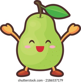 Illustration of a cute pear character happy with both hands up