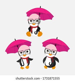 Illustration of cute penguin animal design holding umbrella