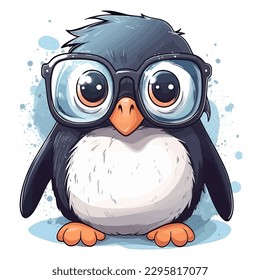 Illustration of cute penguin in big eyeglasses on white background