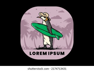 Illustration of the Cute penguin carrying a surfboard between coconut trees
