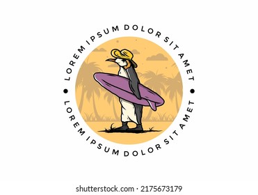 Illustration of the Cute penguin carrying a surfboard between coconut trees