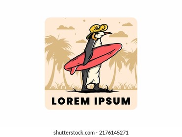 Illustration of the Cute penguin carrying a surfboard between coconut trees