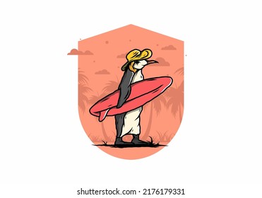Illustration of the Cute penguin carrying a surfboard between coconut trees