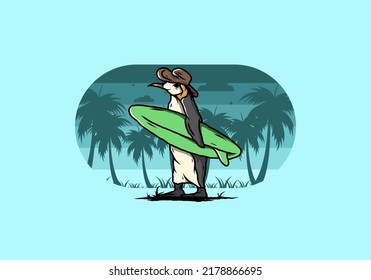 Illustration of the Cute penguin carrying a surfboard between coconut trees