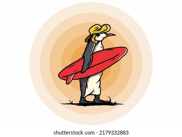 Illustration of the Cute penguin carrying a surfboard between coconut trees