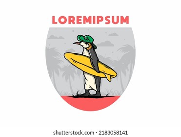 Illustration of the Cute penguin carrying a surfboard between coconut trees