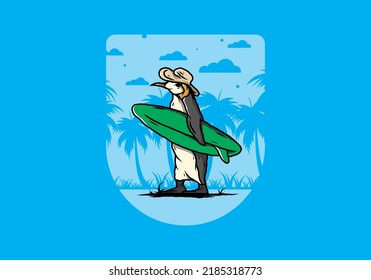 Illustration of the Cute penguin carrying a surfboard between coconut trees