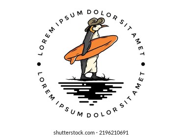 Illustration of the Cute penguin carrying a surfboard between coconut trees