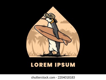 Illustration of the Cute penguin carrying a surfboard between coconut trees