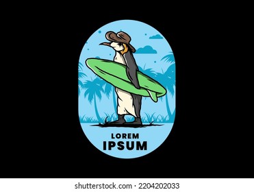 Illustration of the Cute penguin carrying a surfboard between coconut trees