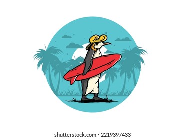 Illustration of the Cute penguin carrying a surfboard between coconut trees