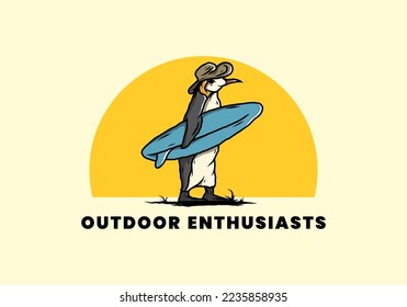 Illustration of the Cute penguin carrying a surfboard between coconut trees