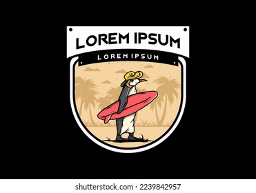 Illustration of the Cute penguin carrying a surfboard between coconut trees