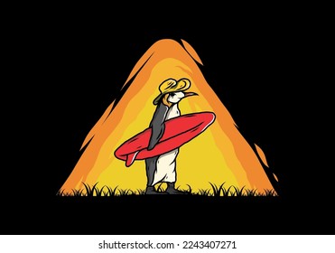 Illustration of the Cute penguin carrying a surfboard between coconut trees