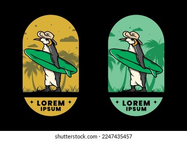 Illustration of the Cute penguin carrying a surfboard between coconut trees