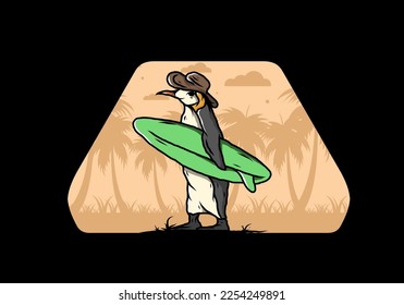 Illustration of the Cute penguin carrying a surfboard between coconut trees