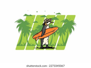 Illustration of the Cute penguin carrying a surfboard between coconut trees