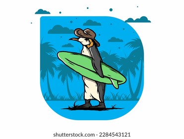 Illustration of the Cute penguin carrying a surfboard between coconut trees