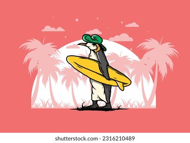 Illustration of the Cute penguin carrying a surfboard between coconut trees