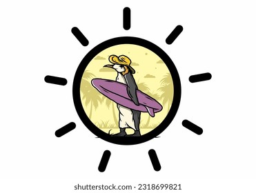 Illustration of the Cute penguin carrying a surfboard between coconut trees