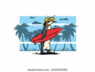 Illustration of the Cute penguin carrying a surfboard between coconut trees