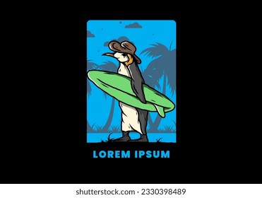 Illustration of the Cute penguin carrying a surfboard between coconut trees