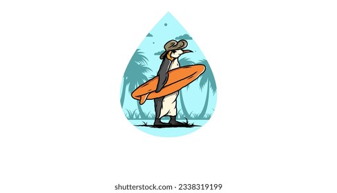 Illustration of the Cute penguin carrying a surfboard between coconut trees