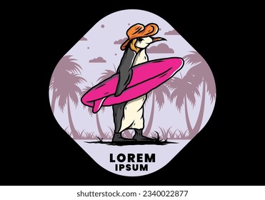 Illustration of the Cute penguin carrying a surfboard between coconut trees