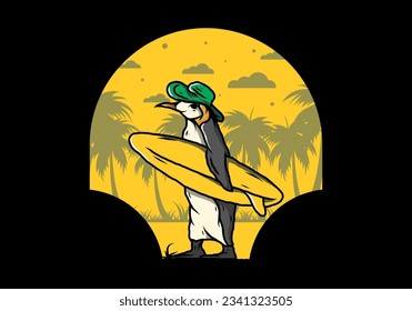 Illustration of the Cute penguin carrying a surfboard between coconut trees