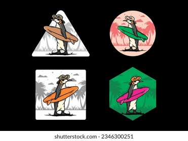 Illustration of the Cute penguin carrying a surfboard between coconut trees