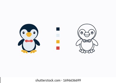 Illustration of cute penguin characters and coloring examples suitable for children's coloring books