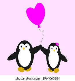 Illustration of cute penguin couple vector image holding heart shape balloons, celebrating Valentine's Day, wedding anniversary, dating, etc