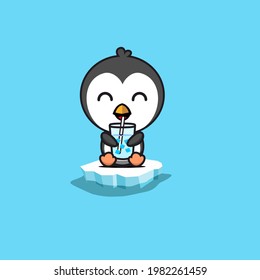 illustration of cute penguin drinking ice vector design