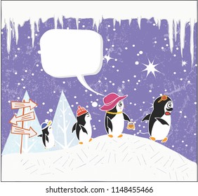 Illustration of cute penguin family traveling on winter vacation. Talking balloon.