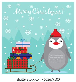 Illustration with cute penguin with gifts
