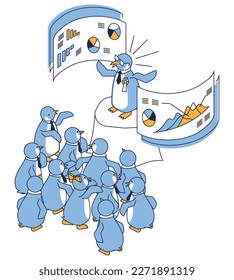 It is an illustration of a cute penguin giving a presentation at a seminar.