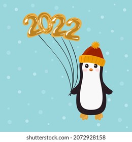 Illustration of cute penguin with golden balloons 2022 isolated on blue background. Illustration for posters, greeting cards and seasonal design.