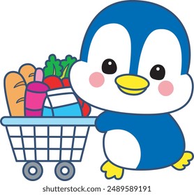 Illustration of cute penguin icon.
Funny penguin in cold weather elements.
A penguin bring a trolley with grocery items.