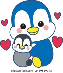 Illustration of cute penguin icon.
Funny penguin in cold weather elements.
A mother and kid penguin hugging.