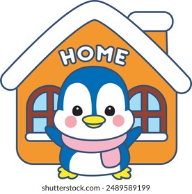 Illustration of cute penguin icon.
Funny penguin in cold weather elements.
A penguin in front of her house.