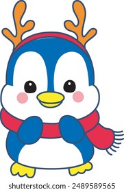 Illustration of cute penguin icon.
Funny penguin in cold weather elements.
A penguin wear a deer costume.