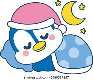 Illustration of cute penguin icon.
Funny penguin in cold weather elements.
A penguin sleep with moon and stars.