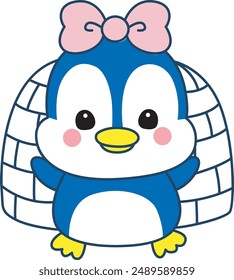 Ilustración del icono del pingüino lindo.
Pingüino divertido en Elementos de Clima frío.
Una chica pingüino con un arco delante de su iglú.